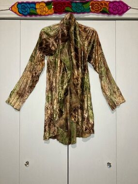Crushed Velvet Large Draped Open-Front Cardigan Jacket Olive Green Brown Sequins